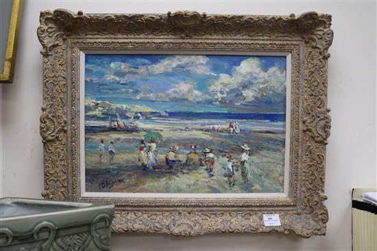 Michael DAguilar, oil on board, beach scene, signed, 34 x 49cm